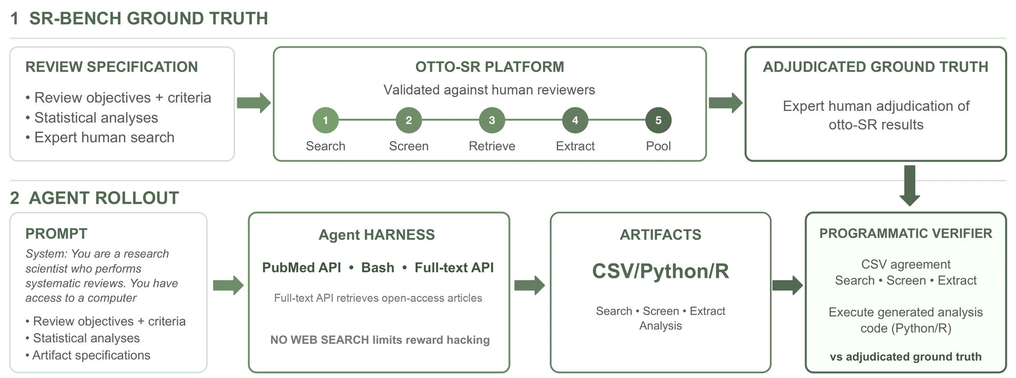 Two-row diagram. Row one, SR-Bench ground truth, flows from a review specification (objectives and criteria, statistical analyses, expert human search) to the otto-SR platform, labelled as validated against human reviewers (search, screen, retrieve, extract, pool), to an adjudicated ground truth. Row two, agent rollout, flows from a prompt (system prompt, objectives and criteria, statistical analyses, artifact specifications) to an agent harness (PubMed API, Bash, full-text API for open-access articles, no web search) to artifacts (CSV, Python or R) to a programmatic verifier, which checks them against the adjudicated ground truth.